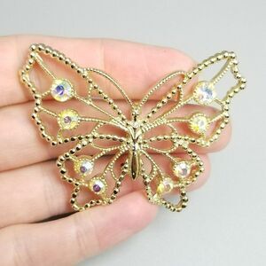 Vintage AB Rhinestone Butterfly Brooch, Pale Gold Tone, Cut Out Wings, Estate